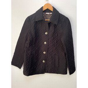 Chicos Quilted Black Jacket With Printed Lining Size 8/10 Button Holiday Winter